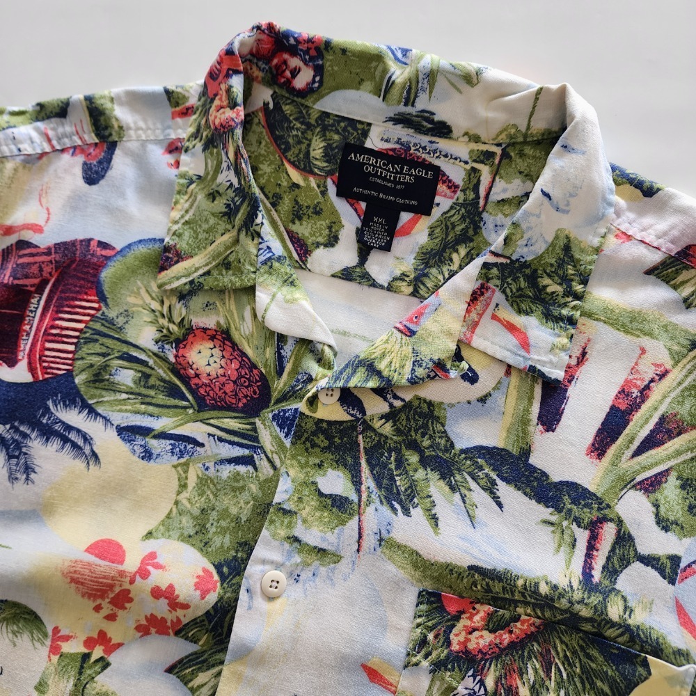 American Eagle Hawaiian floral print short sleeve shirt linen blend mens sz XXL